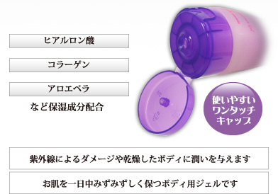 ヒアルロン酸　コラーゲン　アロエベラなど保湿成分配合　使いやすいワンタッチキャップ　紫外線によるダメージや乾燥したボディに潤いを与えます　お肌を一日中みずみずしく保つボディ用ジェルです