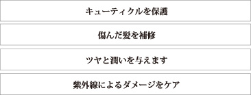 キューティクルを保護　痛んだ髪を補修　ツヤと潤いを与えます　紫外線によるダメージをケア